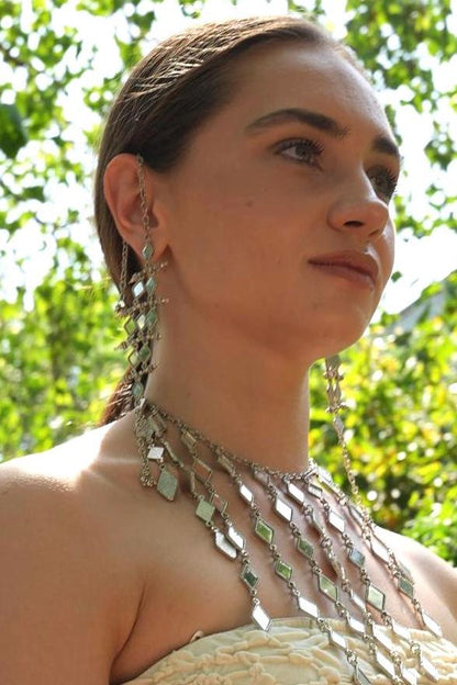 Silver Mirror Chain Earrings Long Dangle Statement