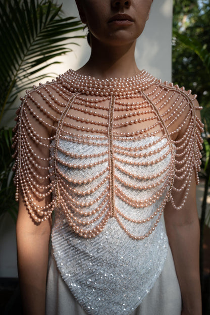 Pearl Beaded Cape Necklace Pink Bridal Shoulder Jewelry