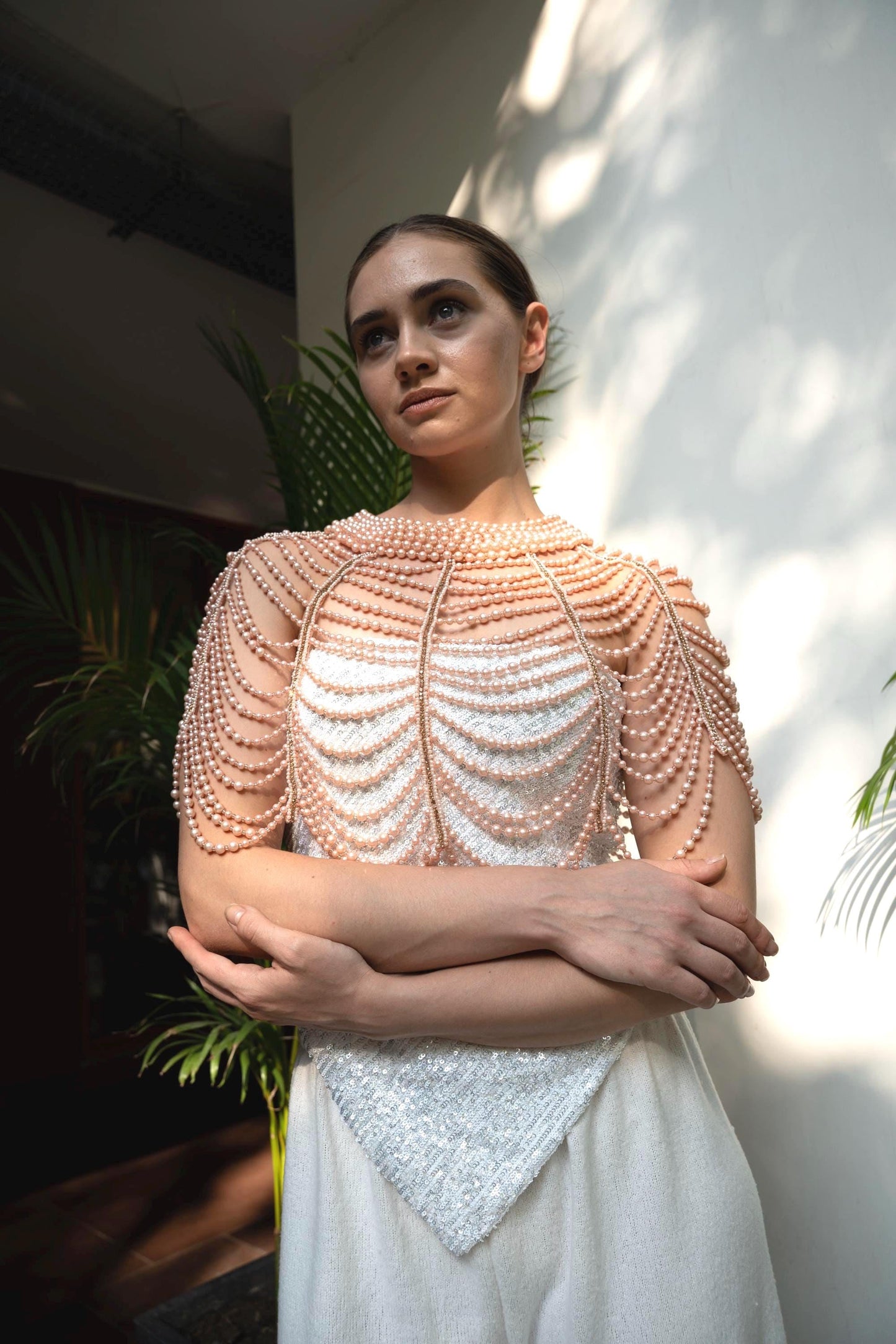 Pearl Beaded Cape Necklace Pink Bridal Shoulder Jewelry