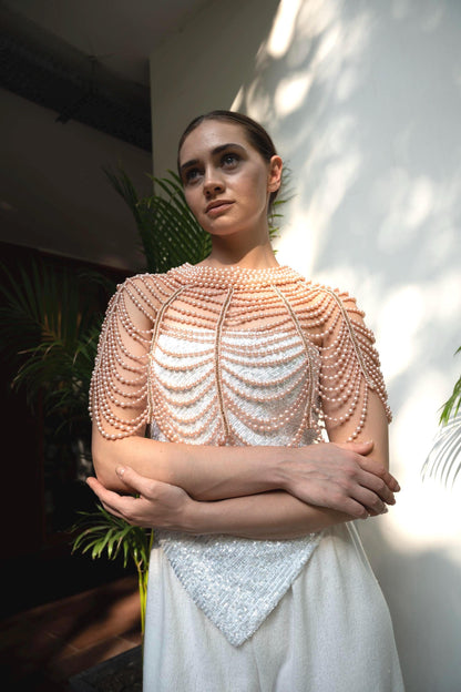 Pearl Beaded Cape Necklace Pink Bridal Shoulder Jewelry