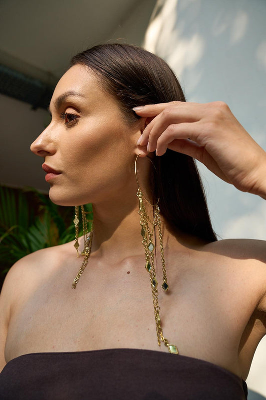Gold Chain Fringe Hoop Earrings, Statement Dangle Earrings