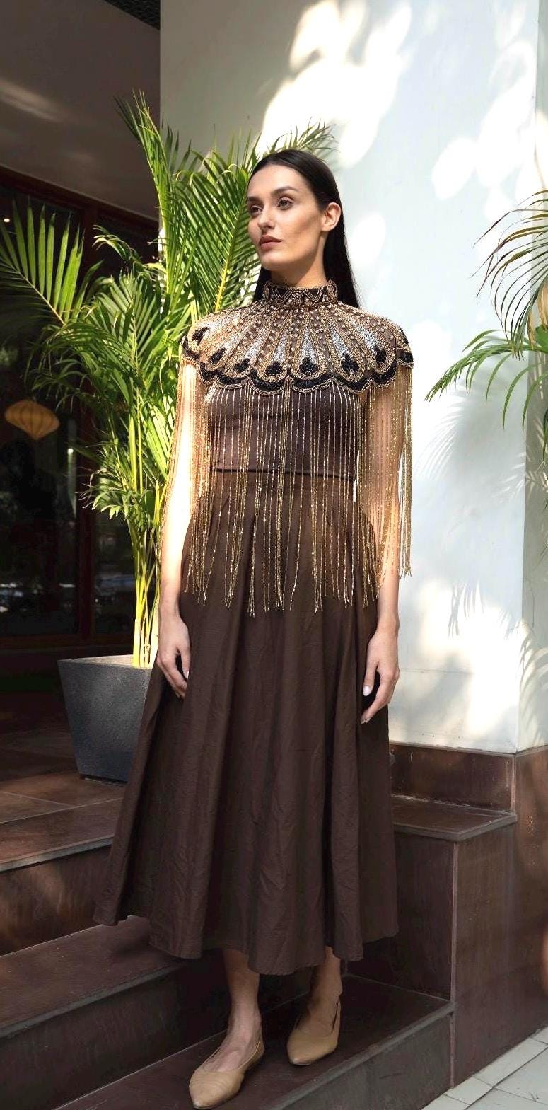 Gold Fringe Statement Choker Necklace Beaded Shoulder Cape Jewelry