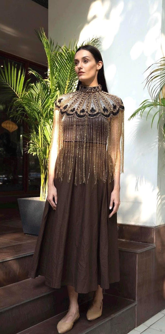 Gold Fringe Statement Choker Necklace Beaded Shoulder Cape Jewelry