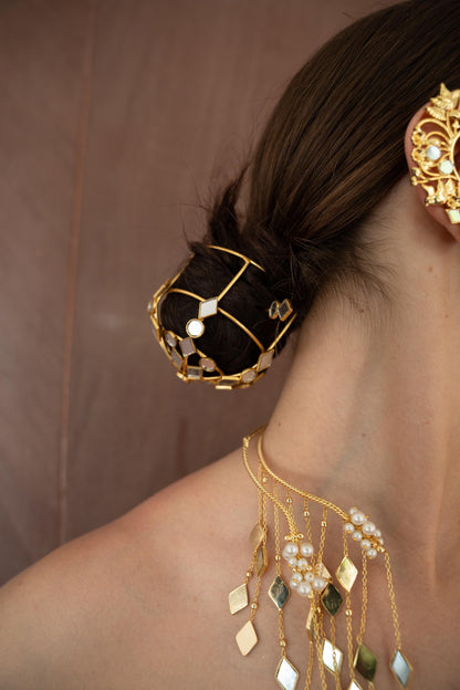 Gold Hair Bun Cage Bridal Bun Holder Statement Hair Jewelry