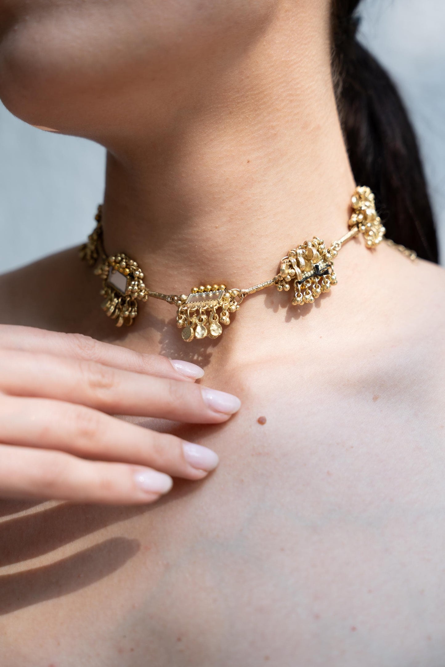 Mirror Work Statement Choker Necklace Gold Coin Fringe Bracelet Set