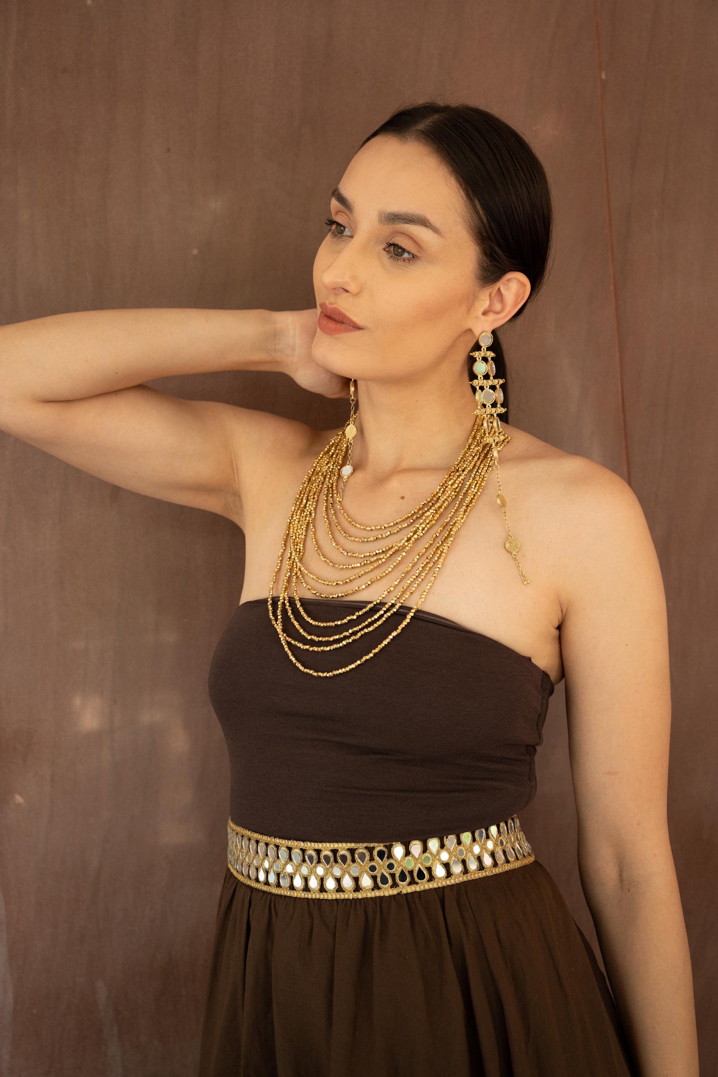 Gold Mirror Statement Jewelry Set Long Chandelier Earrings