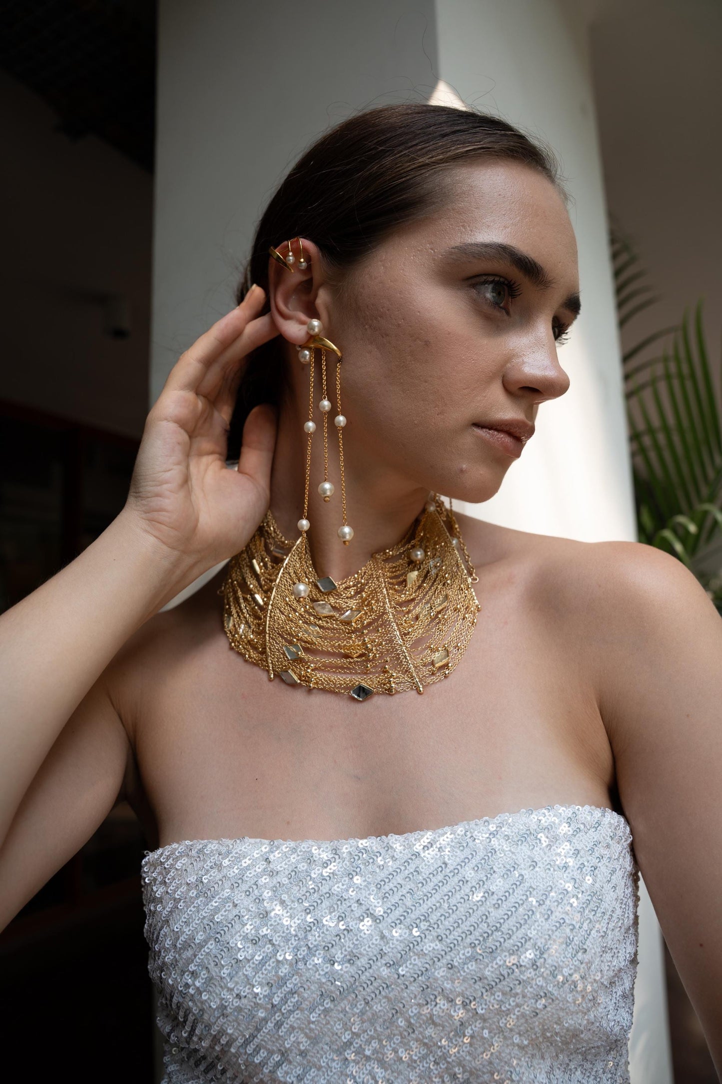 22K Gold Plated Pearl Earcuff Chain Earring Ear Crawler