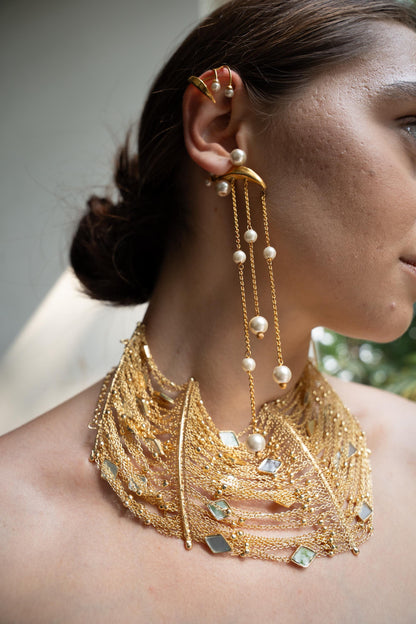 22K Gold Plated Pearl Earcuff Chain Earring Ear Crawler
