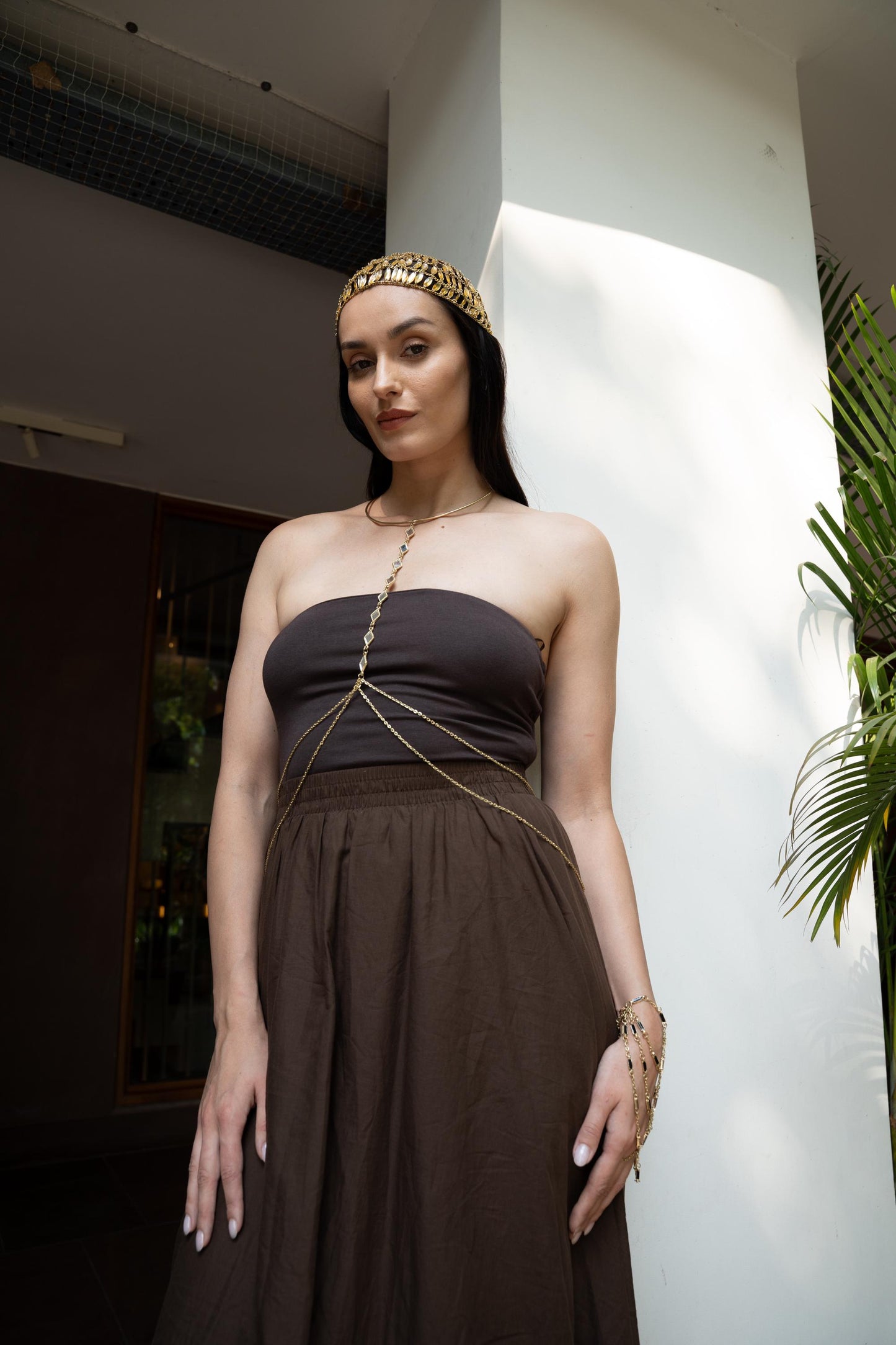 Gold Beaded Headpiece Cap, Boho Bridal Head Chain