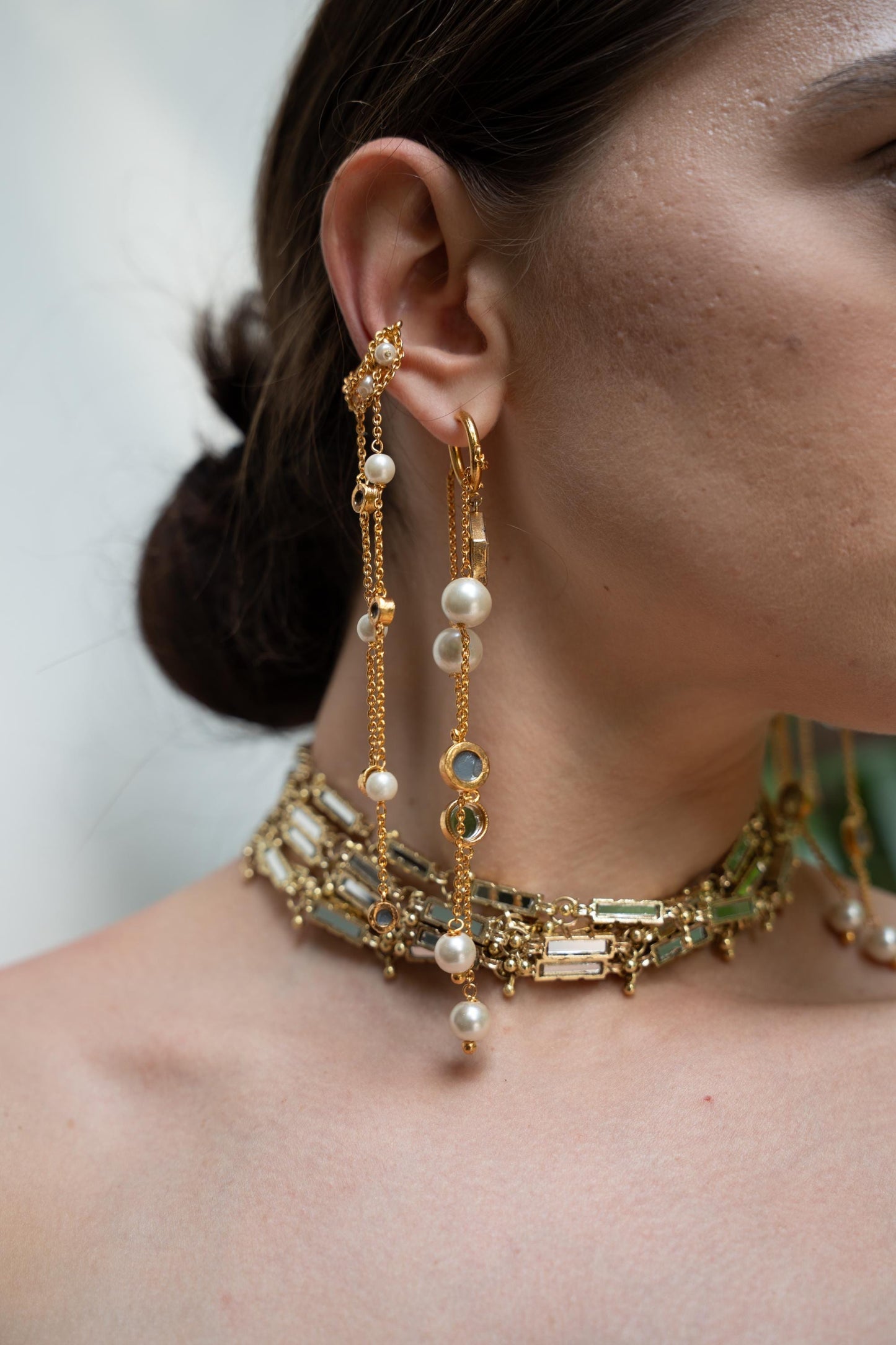 Gold Ear Cuff & Hoop Earring Set Pearl Chain Dangle Earring