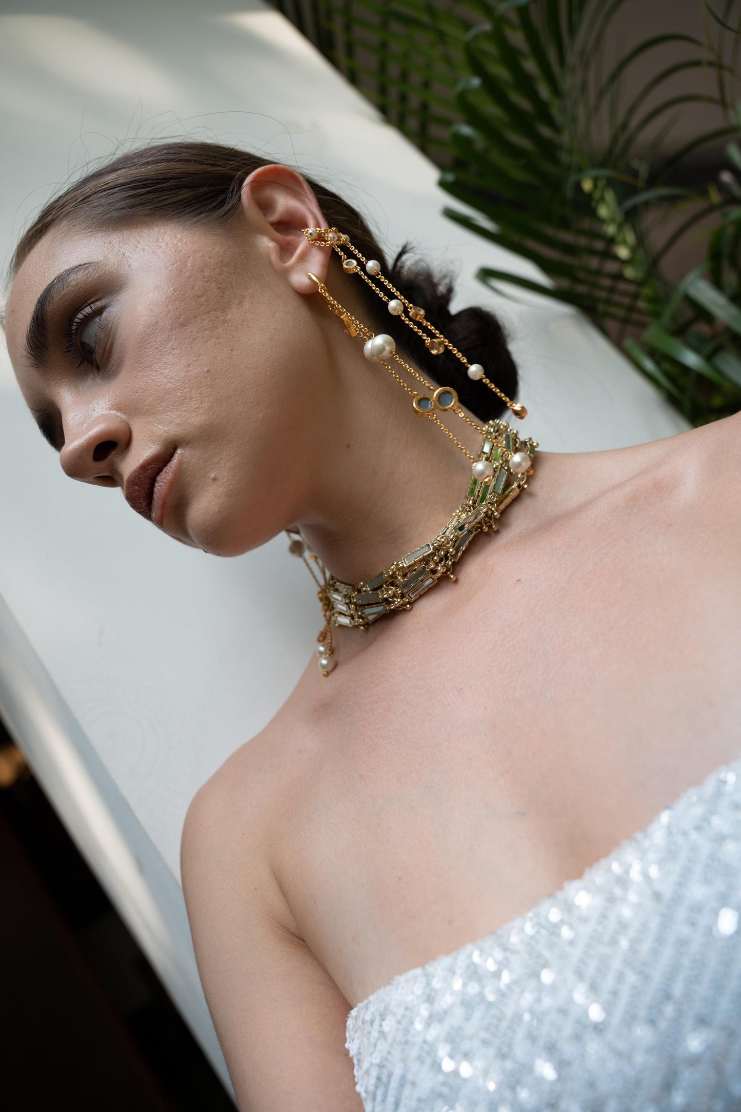 Gold Ear Cuff & Hoop Earring Set Pearl Chain Dangle Earring