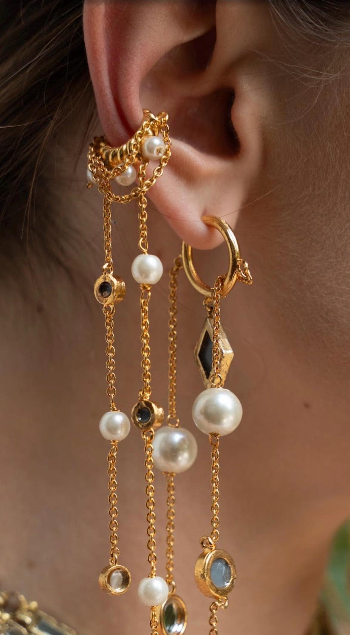 Gold Ear Cuff & Hoop Earring Set Pearl Chain Dangle Earring