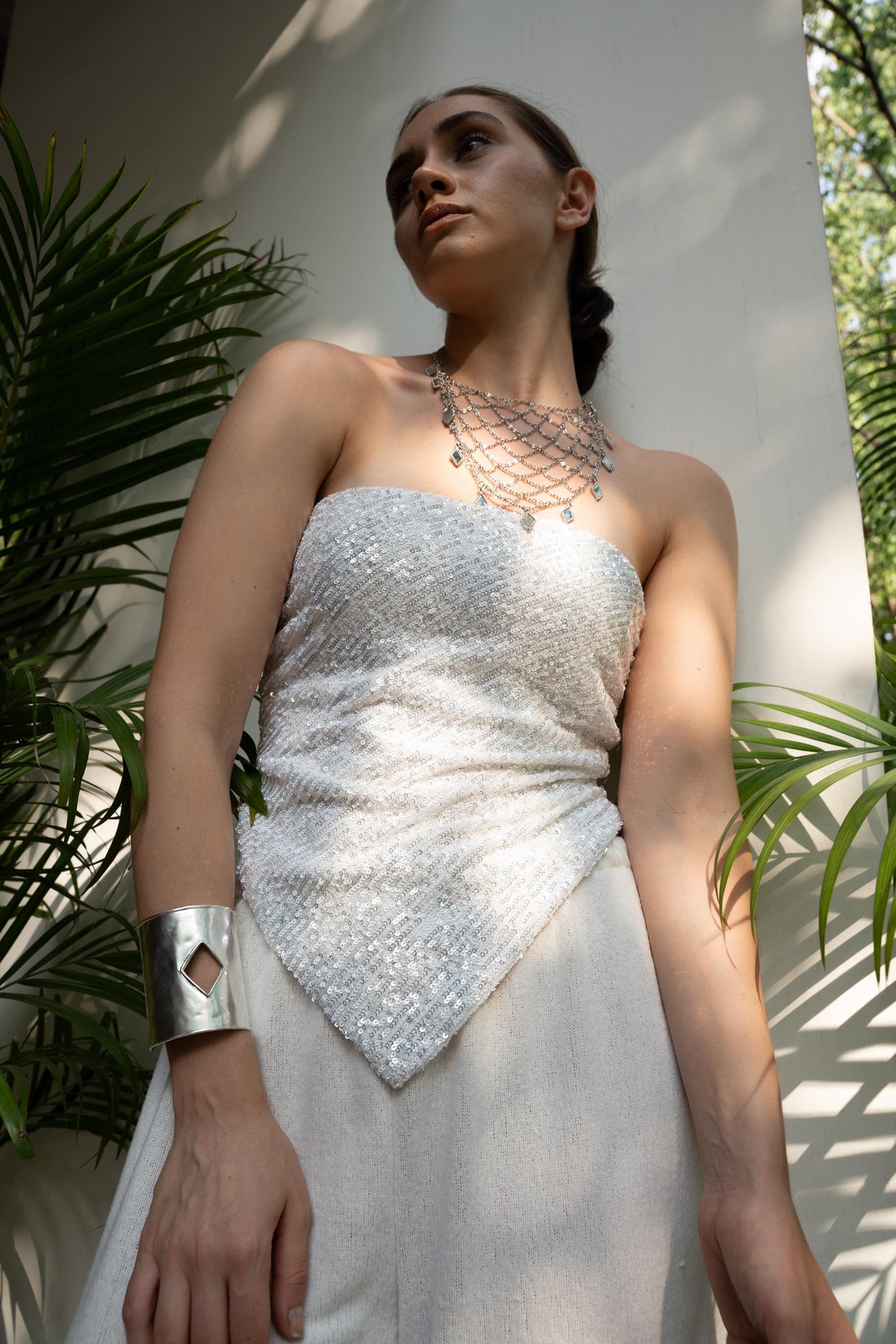 Statement Necklace and Cuff Set Silver Layered Chain Necklace