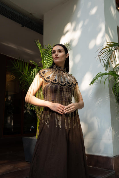 Gold Fringe Statement Choker Necklace Beaded Shoulder Cape Jewelry