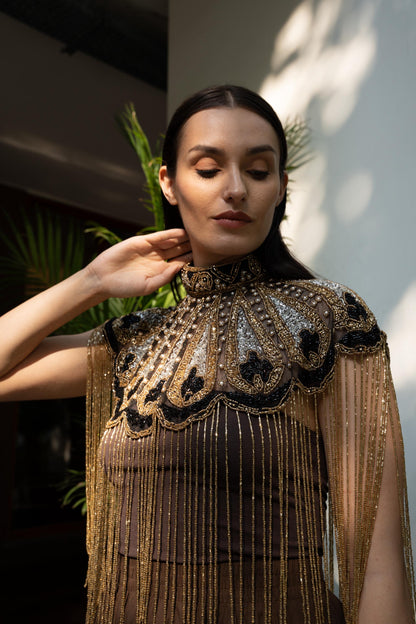 Gold Fringe Statement Choker Necklace Beaded Shoulder Cape Jewelry