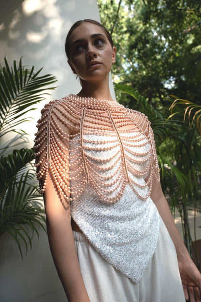Pearl Beaded Cape Necklace Pink Bridal Shoulder Jewelry