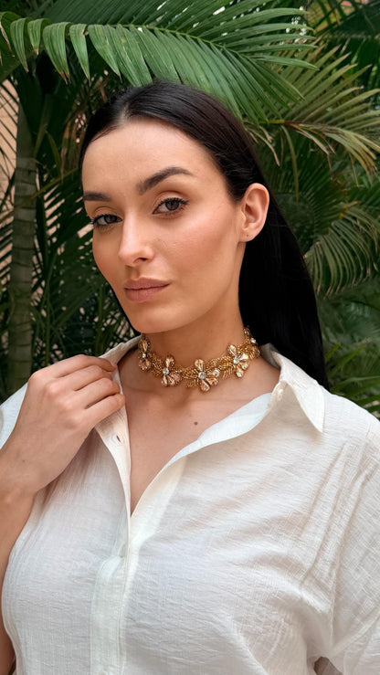 Gold Floral Crystal Choker Embroidered Necklace