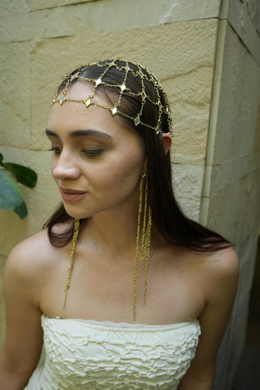 Gold Chain Headpiece & Statement Earrings Set