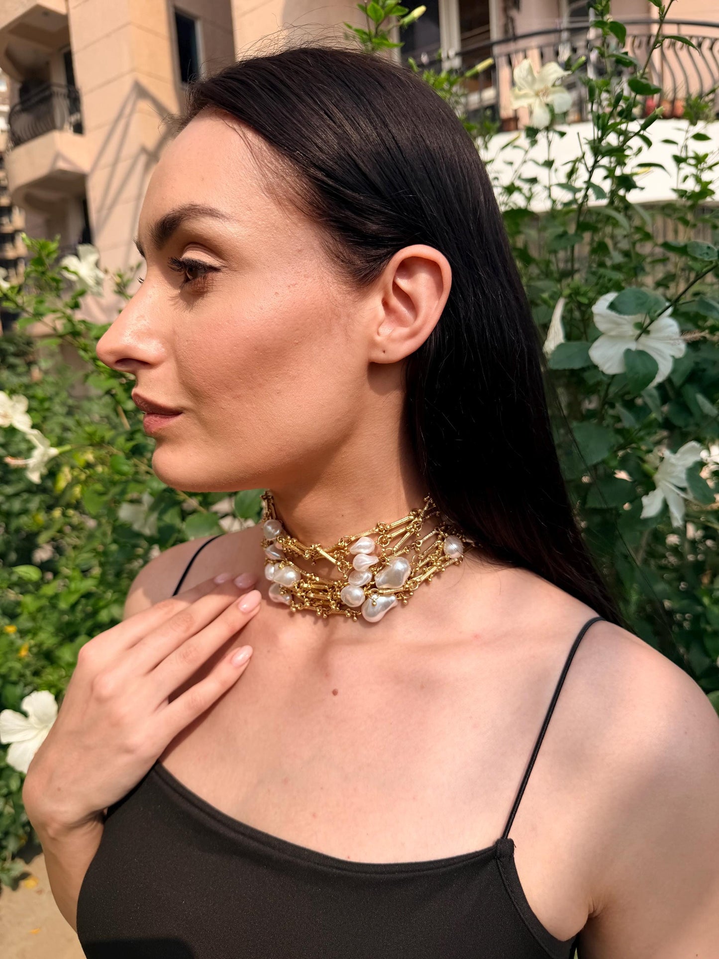 White Pearl Handmade Choker Necklace Gold Layered Statement