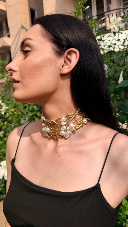 White Pearl Handmade Choker Necklace Gold Layered Statement
