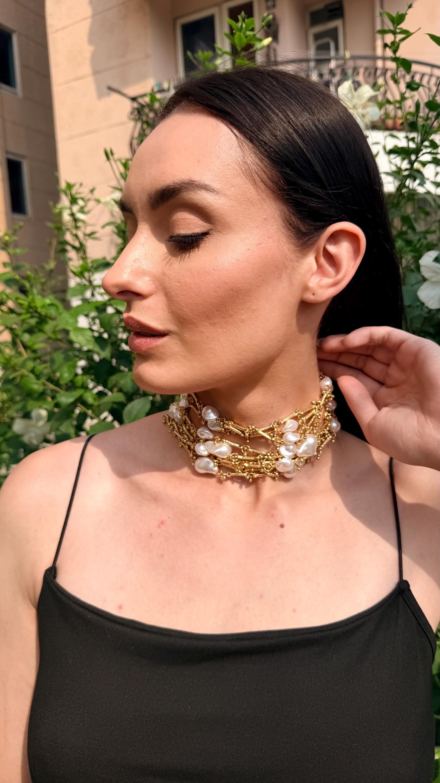 White Pearl Handmade Choker Necklace Gold Layered Statement