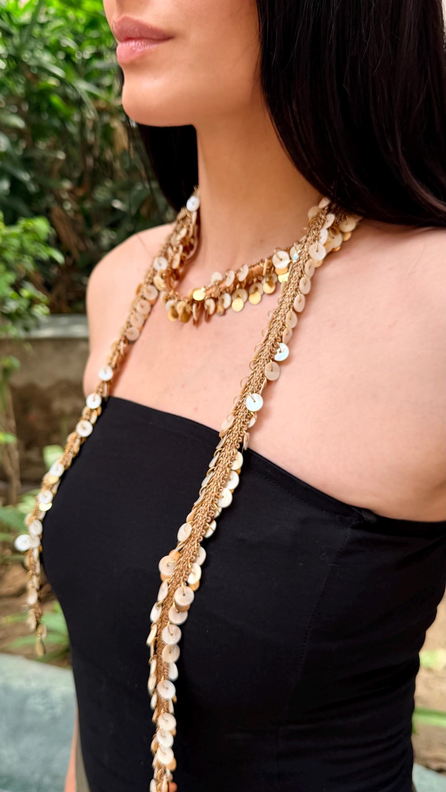 Gold Tassel Beaded Tie Up Necklace and Mirror Belt Set