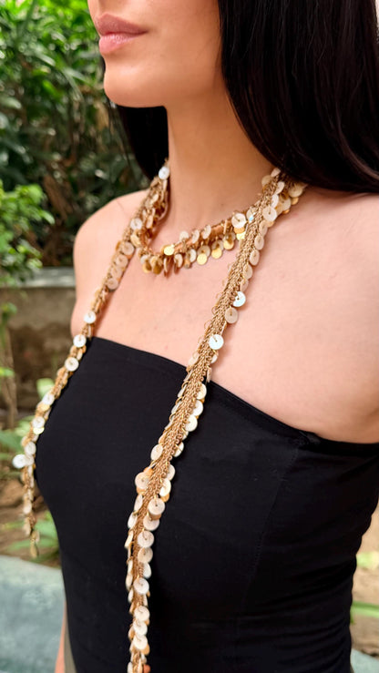 Gold Tassel Beaded Tie Up Necklace and Mirror Belt Set