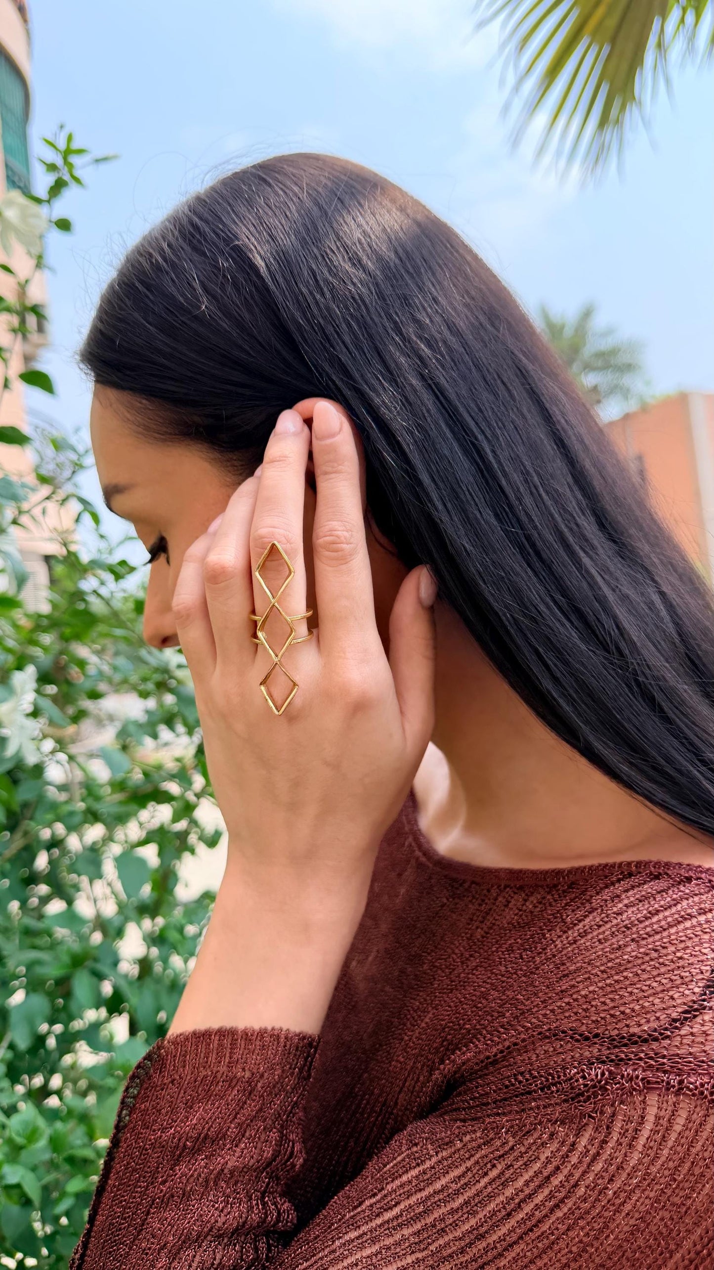 Minimal Gold Palm Ring Cuff Geometric Brass Hand Jewelry