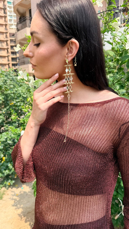 Gold Mirror Ear Cuff Earrings Handmade Brass Chain Earrings