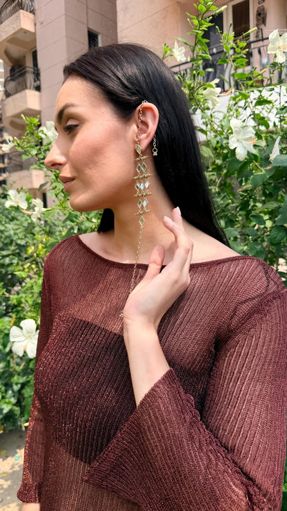 Gold Mirror Ear Cuff Earrings Handmade Brass Chain Earrings