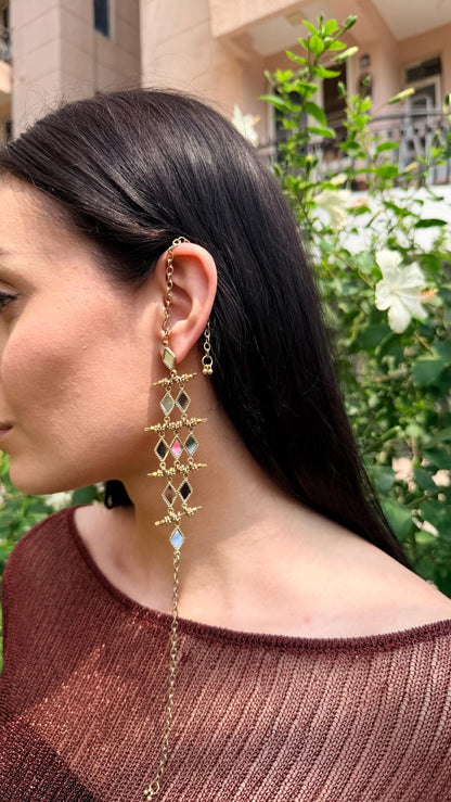 Gold Mirror Ear Cuff Earrings Handmade Brass Chain Earrings