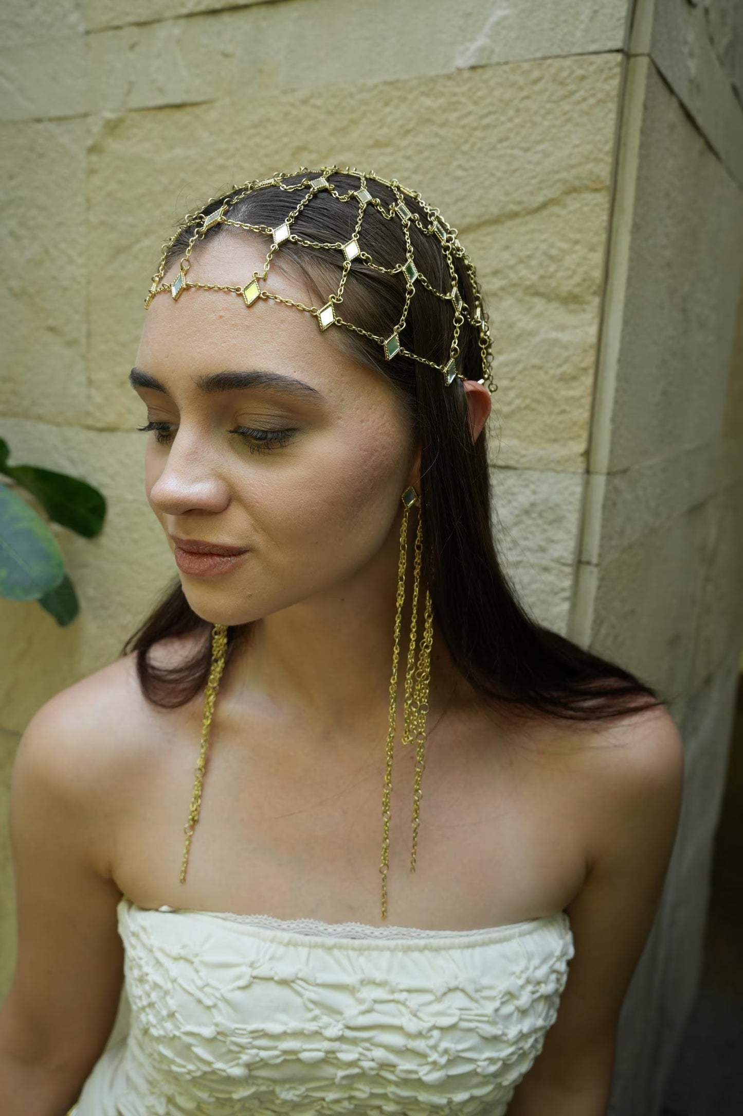 Gold Chain Headpiece & Statement Earrings Set