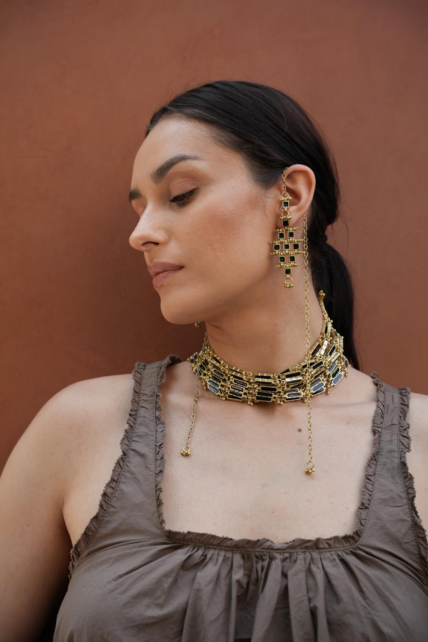 Gold Black Enamel Choker Necklace Gold Plated Statement