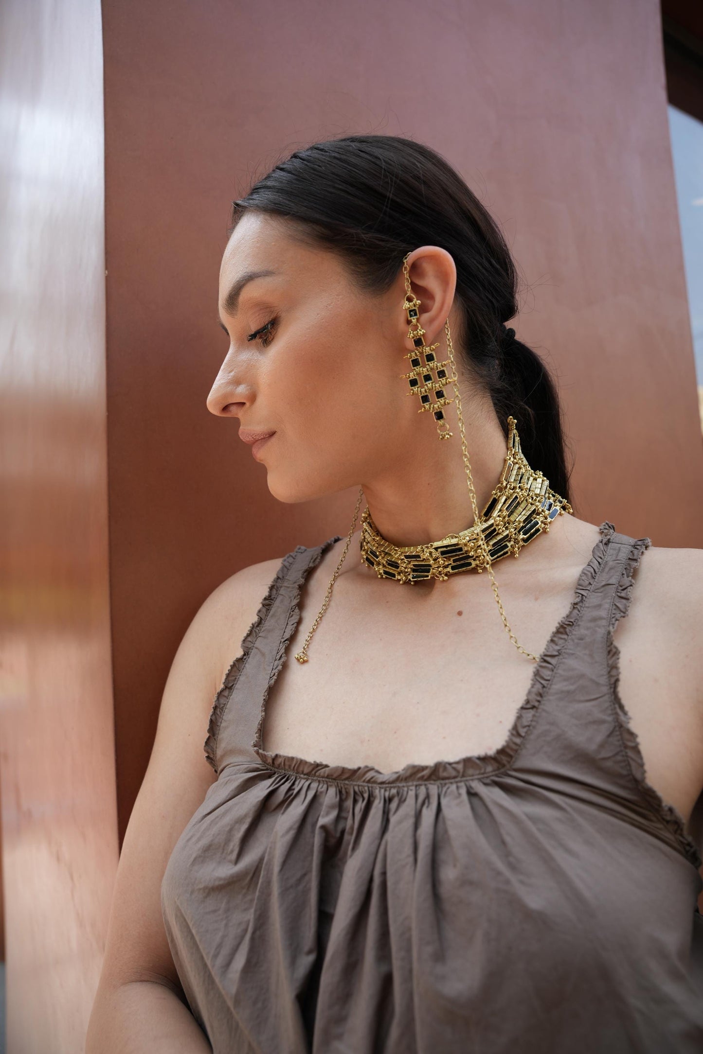 Gold Black Enamel Choker Necklace Gold Plated Statement