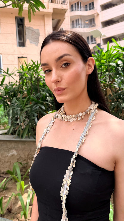 Handmade Mirror Belt and Silver Tassel Choker Set