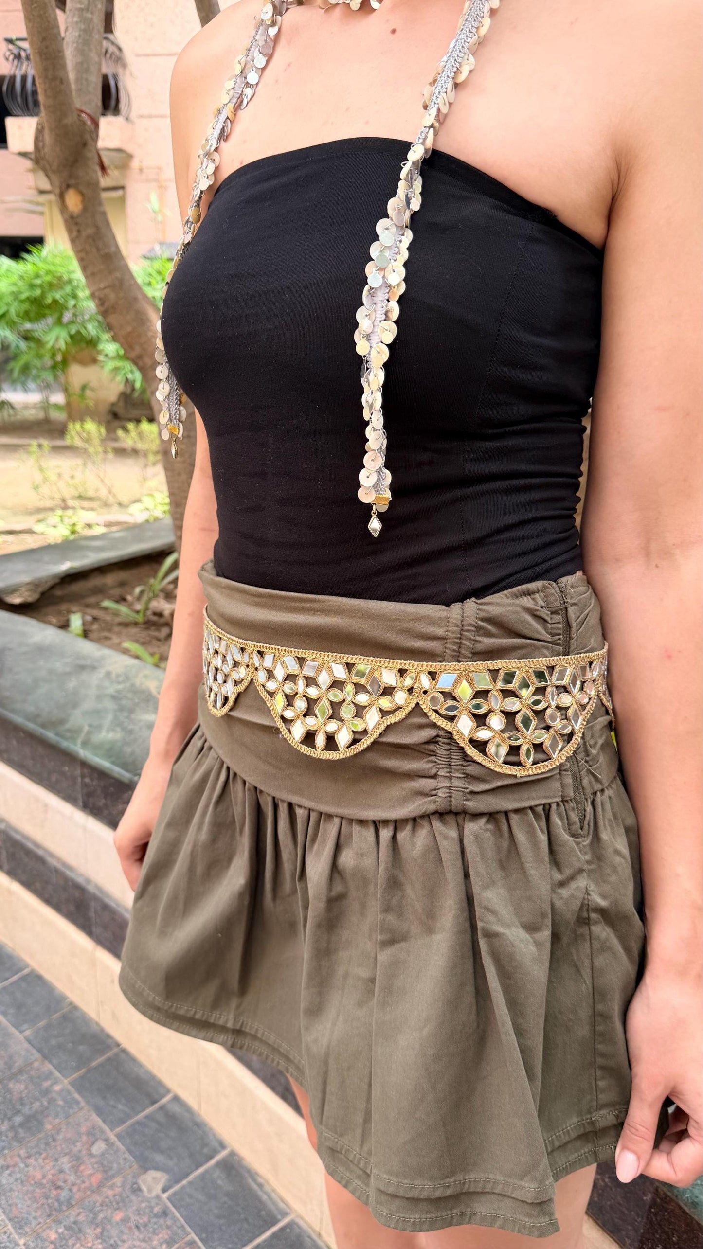 Handmade Mirror Belt and Silver Tassel Choker Set