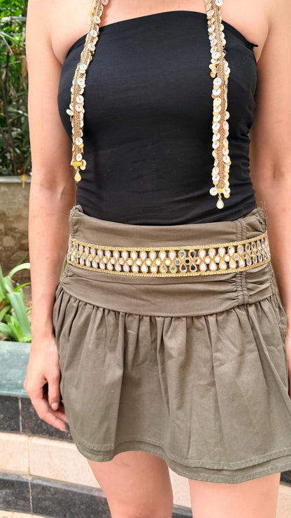 Gold Tassel Beaded Tie Up Necklace and Mirror Belt Set