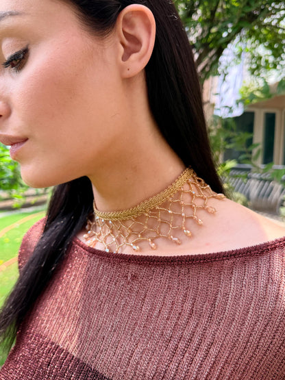 Boho Beaded Knit Choker Necklace Handmade Statement