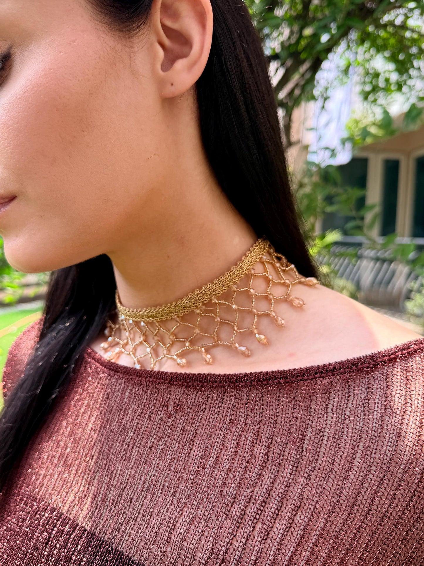 Boho Beaded Knit Choker Necklace Handmade Statement