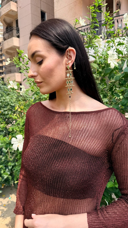 Gold Mirror Ear Cuff Earrings Handmade Brass Chain Earrings