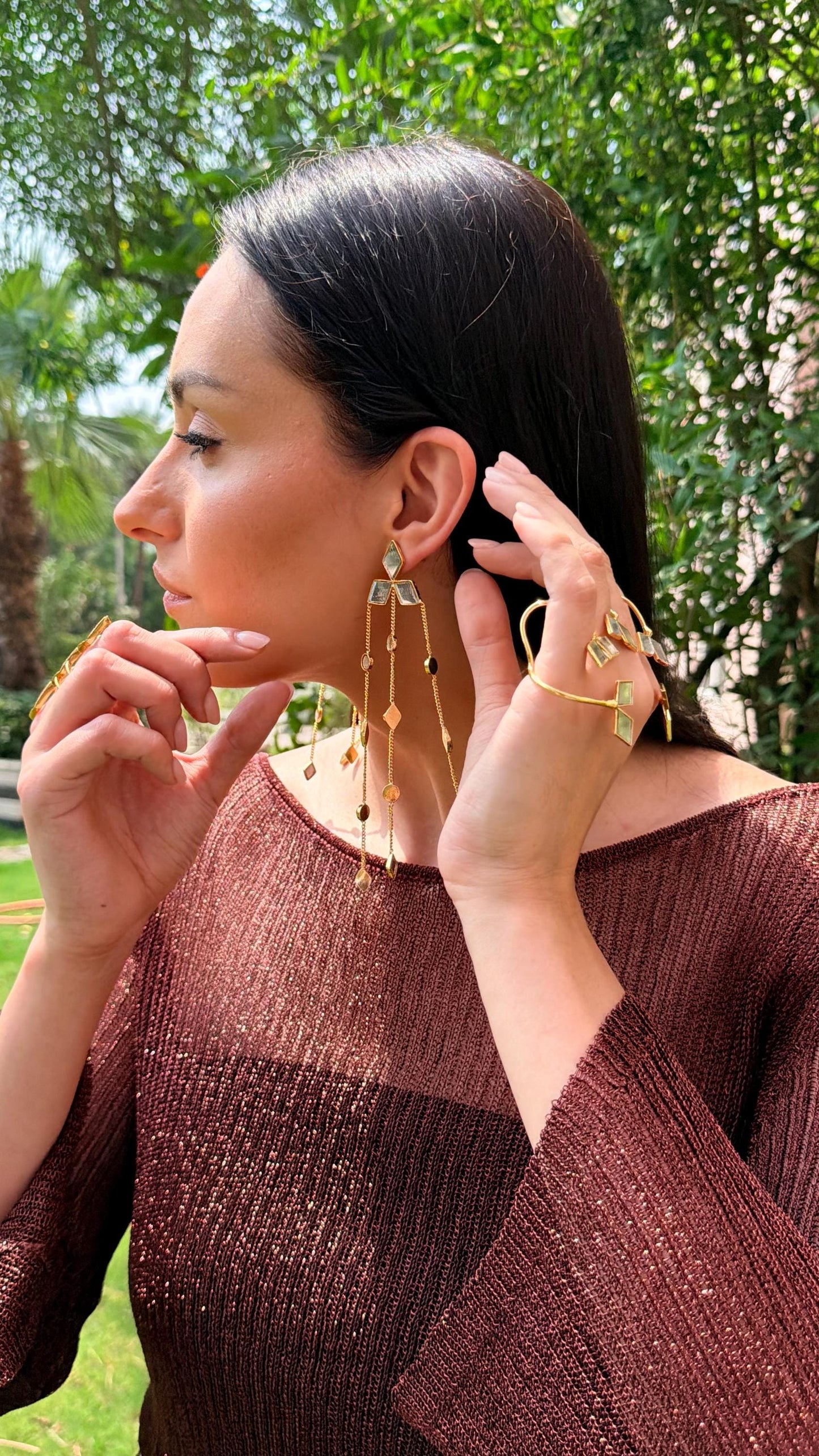 Geometric Gold Mirror Shoulder Duster Drop Earring
