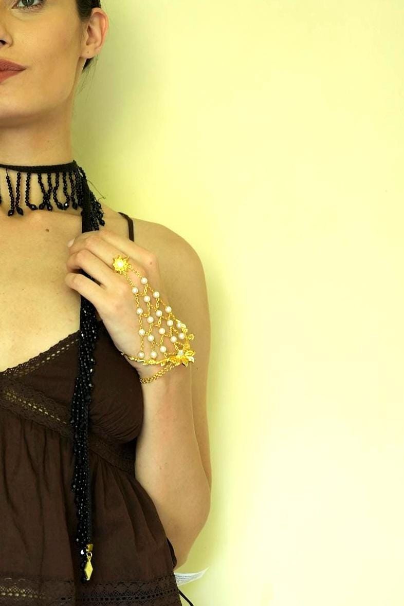 Pearl Hand Harness Bracelet Gold Hand Chain Ring