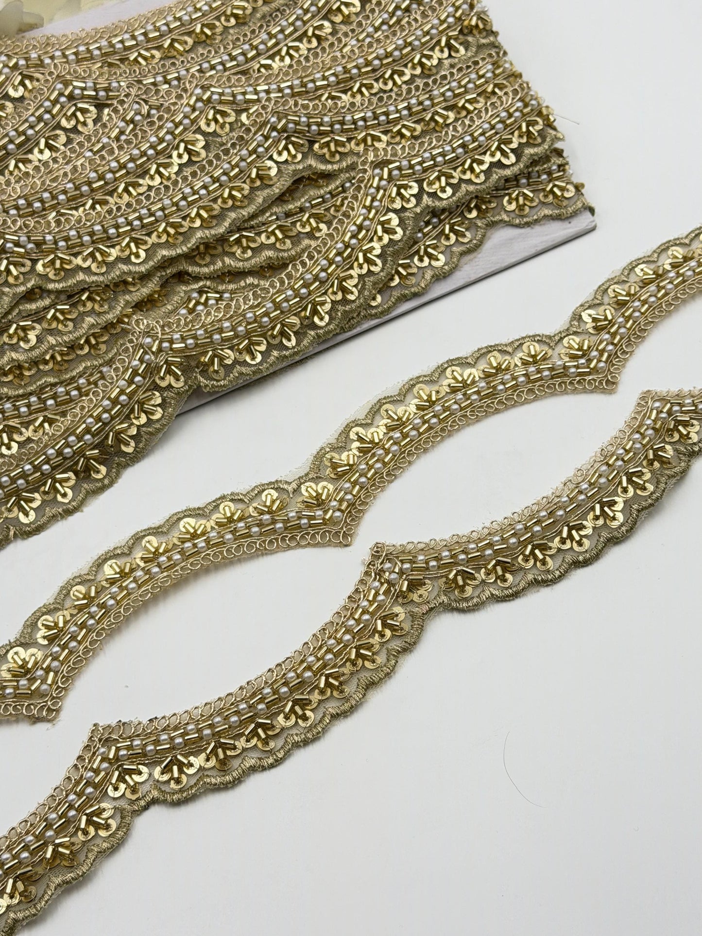 Luxury Gold Beaded Trim Handmade Cutdana Lace