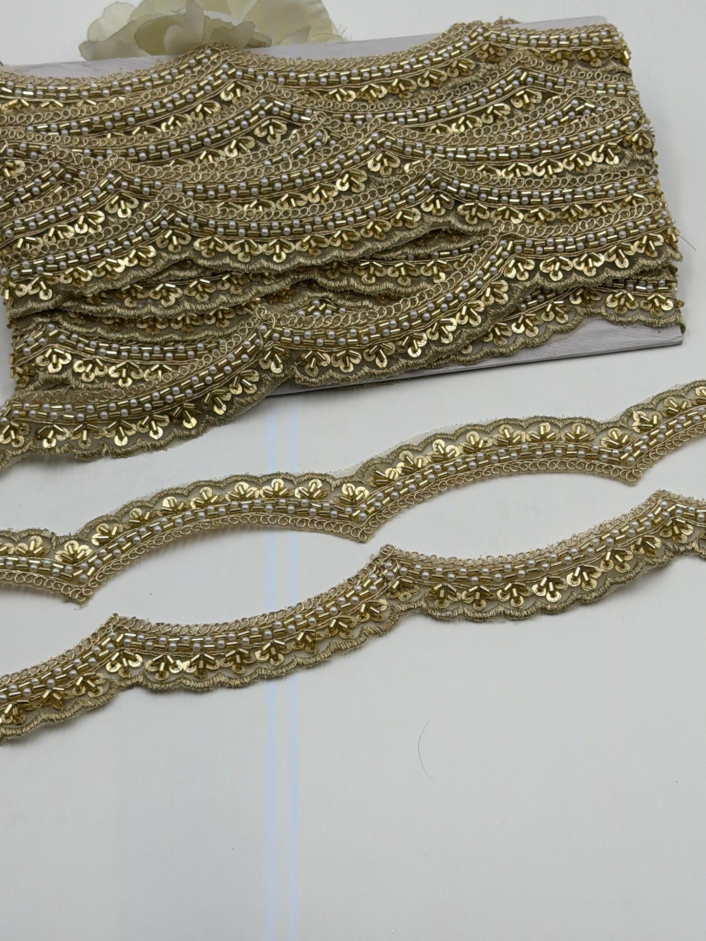 Luxury Gold Beaded Trim Handmade Cutdana Lace