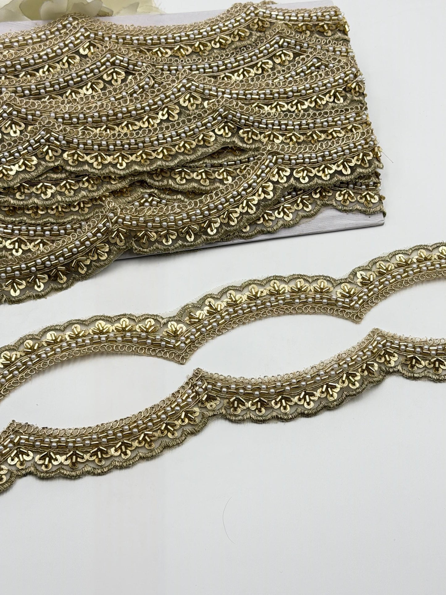Luxury Gold Beaded Trim Handmade Cutdana Lace