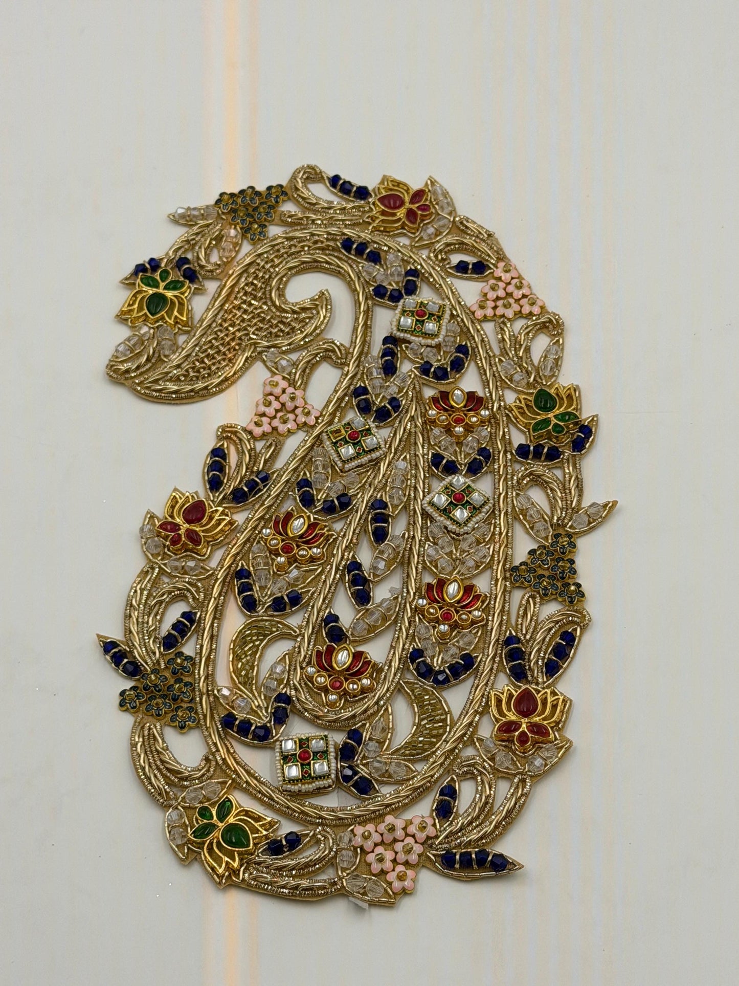 Handcrafted Paisley Jewelry Applique Patch Indian Zari Hand Embroidery Couture Kundan Crystal Embellish Bridal Wear Saree Lehenga Decoration
