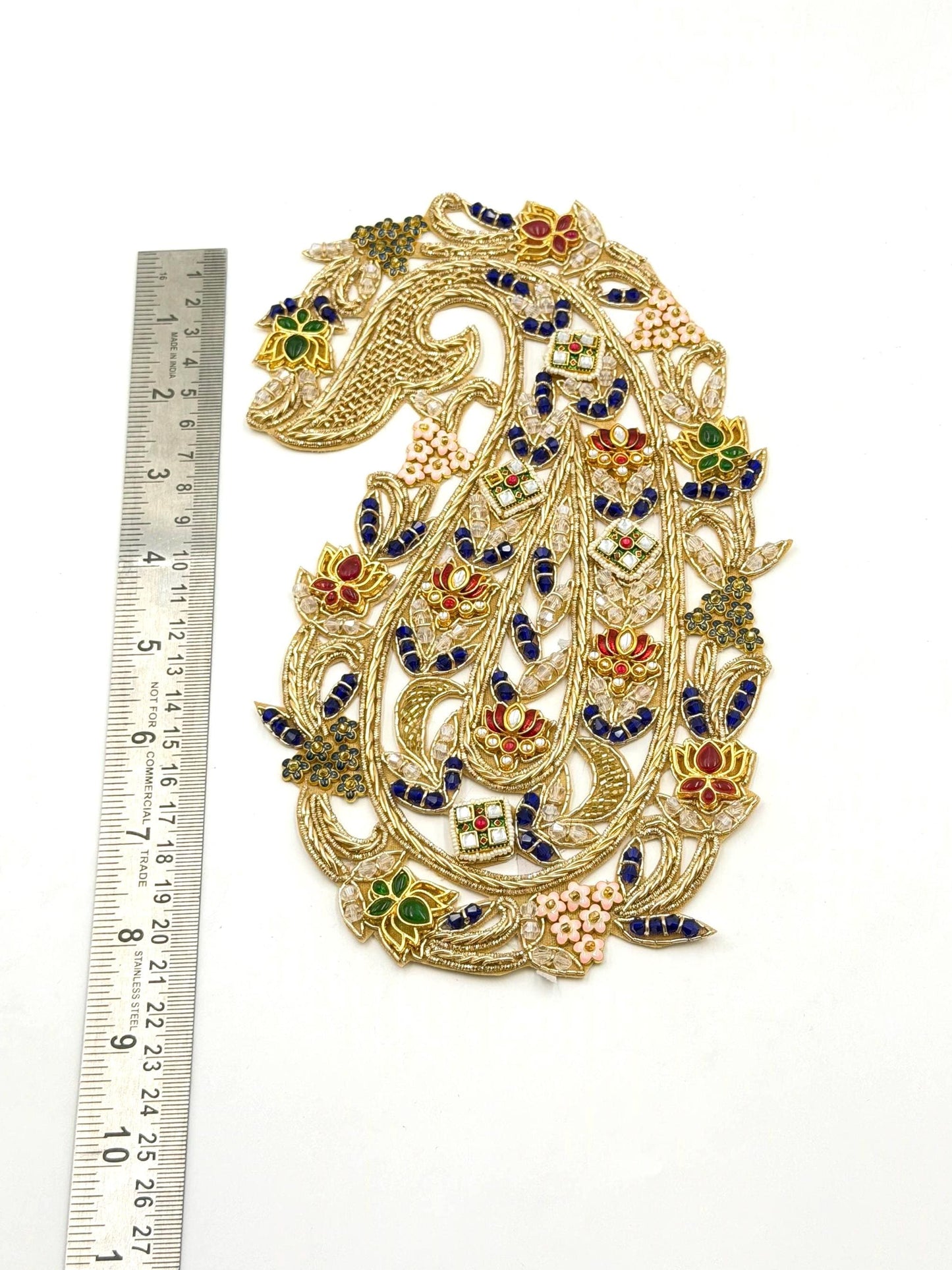 Handcrafted Paisley Jewelry Applique Patch Indian Zari Hand Embroidery Couture Kundan Crystal Embellish Bridal Wear Saree Lehenga Decoration