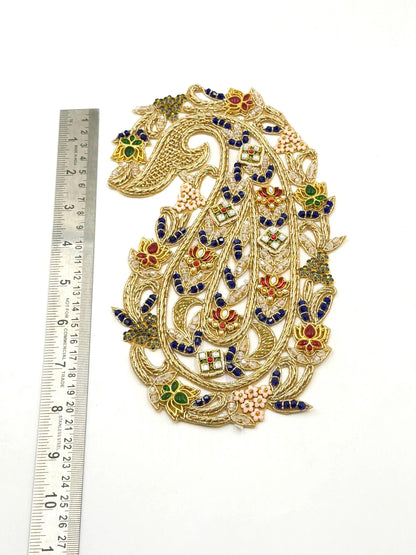 Handcrafted Paisley Jewelry Applique Patch Indian Zari Hand Embroidery Couture Kundan Crystal Embellish Bridal Wear Saree Lehenga Decoration