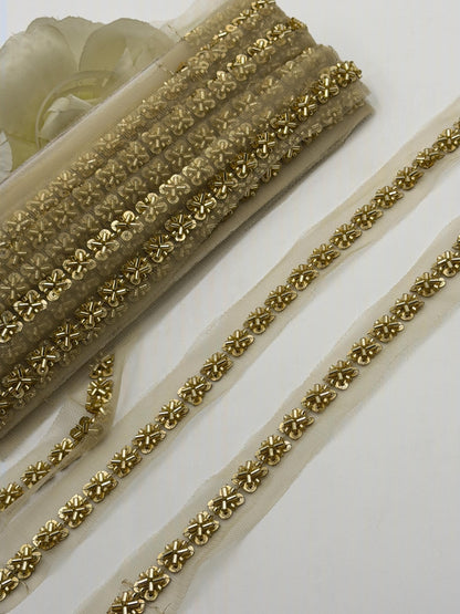 Hand Embroidered Cutdana Rhinestone Trim on Net Fabric
