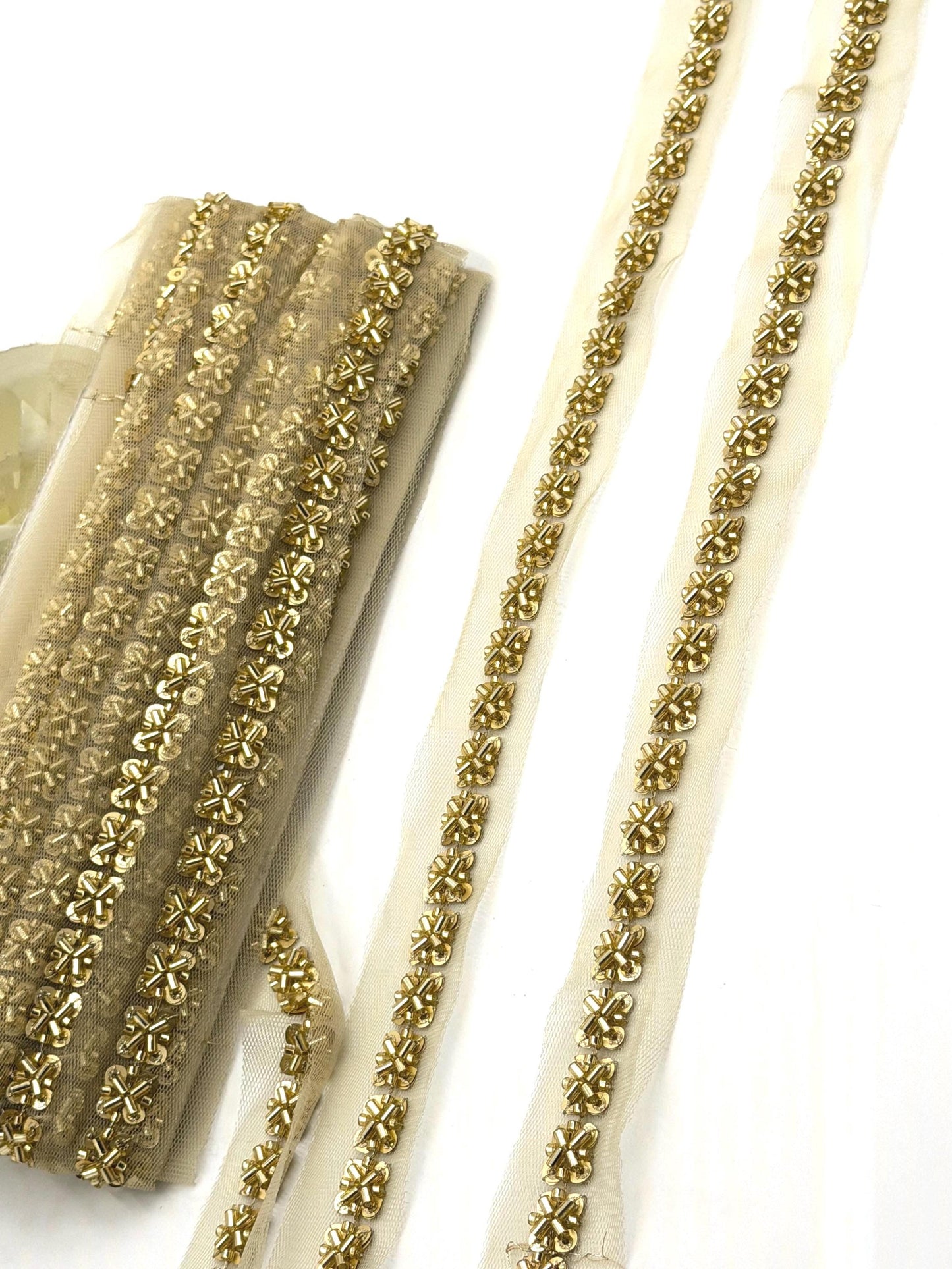 Hand Embroidered Cutdana Rhinestone Trim on Net Fabric